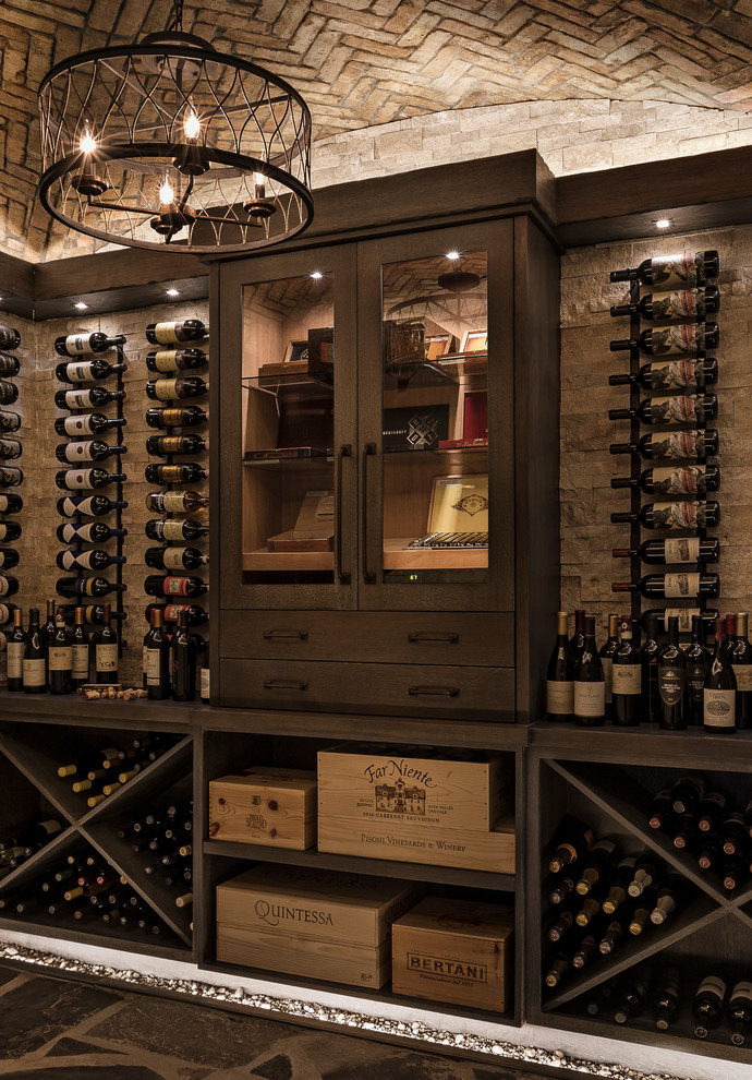 Design ideas for a mid-sized transitional wine cellar in Detroit with slate floors, display racks and grey floor.