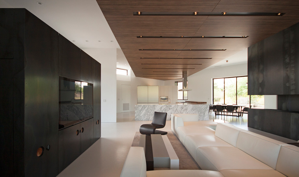 Photo of a modern living room in Phoenix with black walls, concrete floors and a built-in media wall.