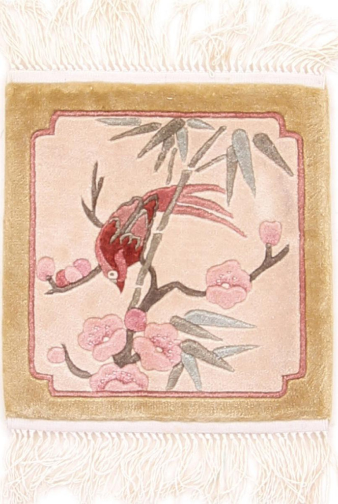 Oriental Rug China Silk Warp 1'1"x1'1" Hand Knotted Carpet
