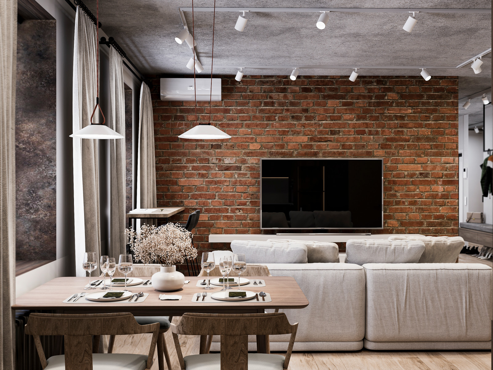 КУХНЯ-ГОСТИНАЯ В СТИЛЕ ЛОФТ, 45 КВ.М