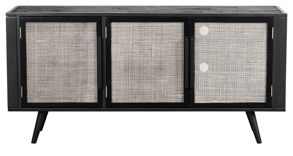 Rustic Black and Rattan Media With Three Doors Midcentury