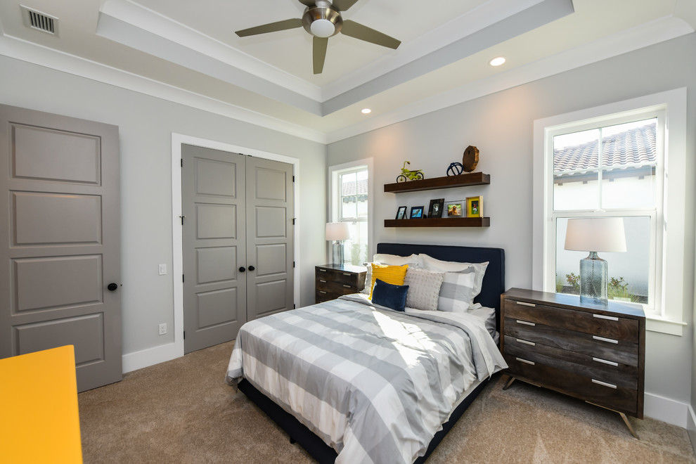 Photo of a mid-sized transitional guest bedroom in Tampa with grey walls, beige floor, carpet and no fireplace.