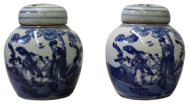 Blue White Small Oriental Graphic Porcelain Ginger Jars 2 Piece Set Blue White Small Oriental Graphic Porcelain Ginger Jars 2 Piece Set