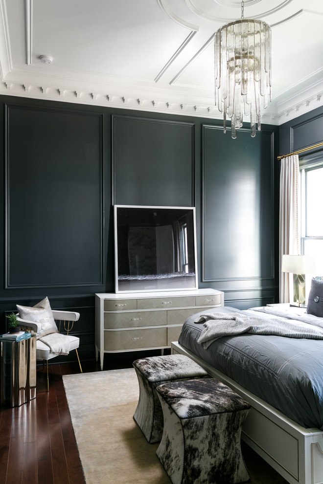 Inspiration for a mid-sized transitional master bedroom in Louisville with green walls, medium hardwood floors and brown floor.