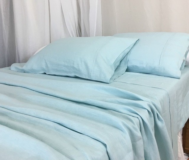 Turquoise Green Bed Sheet Set, Natural Linen Traditional Sheet And