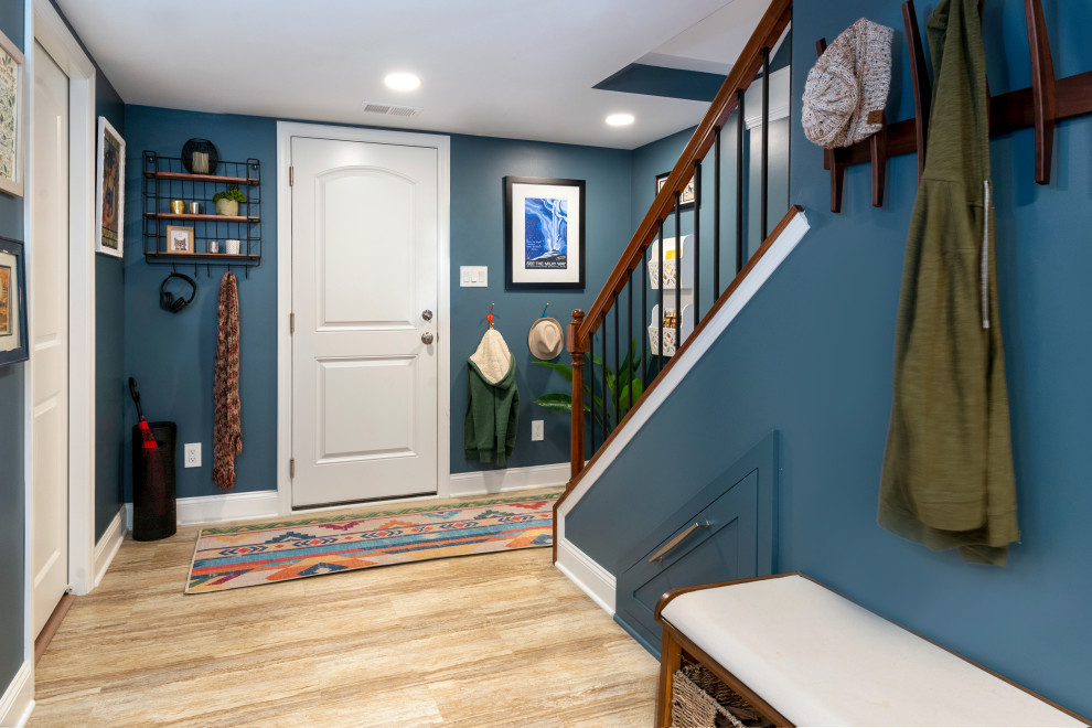 Single front door - beige floor single front door idea with blue walls