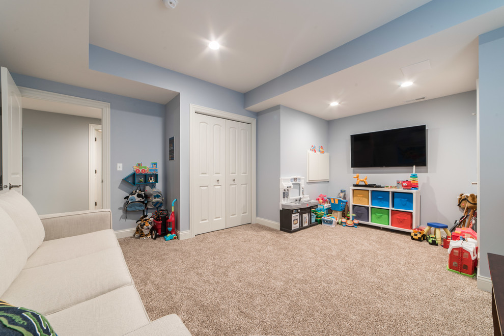 Large transitional carpeted and beige floor basement photo in Chicago with blue walls