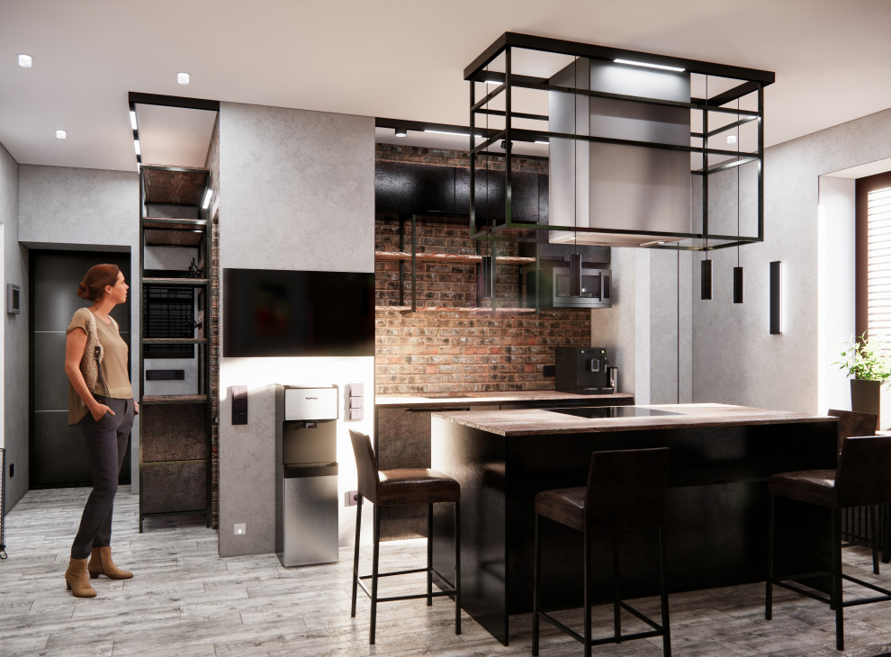 Квартира в Москве в стиле лофт, кухня, холл, санузел, кладовая. 2020 г.