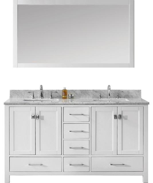 Caroline Avenue 60" Double Vanity, White, Without Faucet, White Round Transitional Bathroom