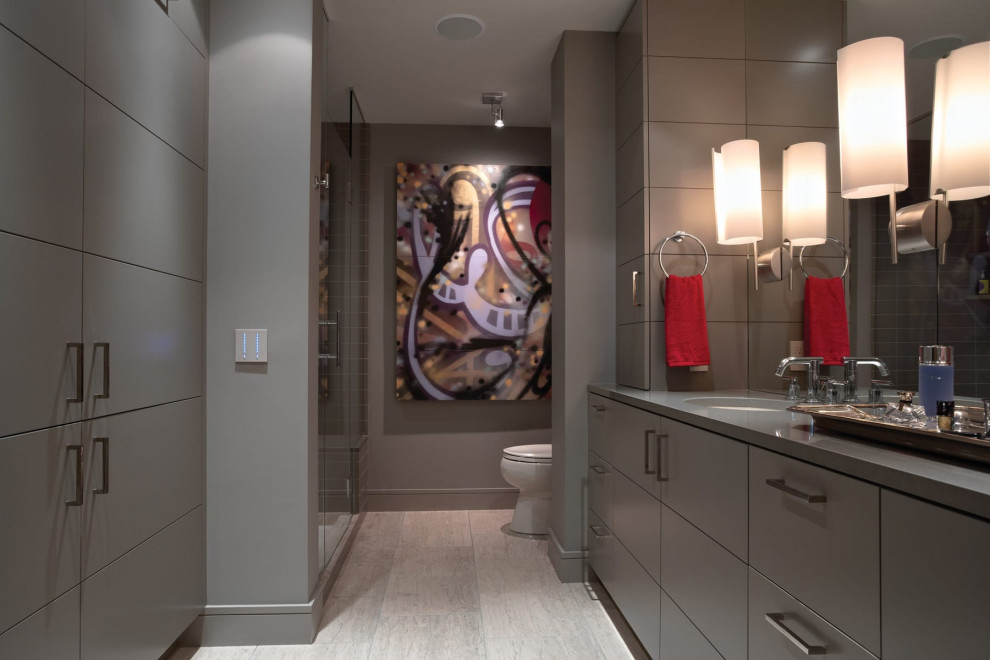 Design ideas for a large contemporary master bathroom in Minneapolis with a built-in vanity.