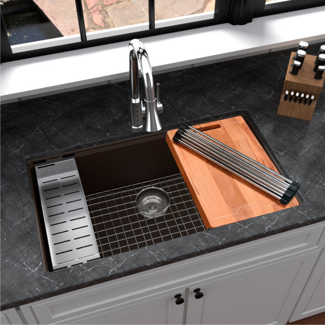 Karran Undermount 32.5" Single Bowl Quartz Workstation Sink, Brown