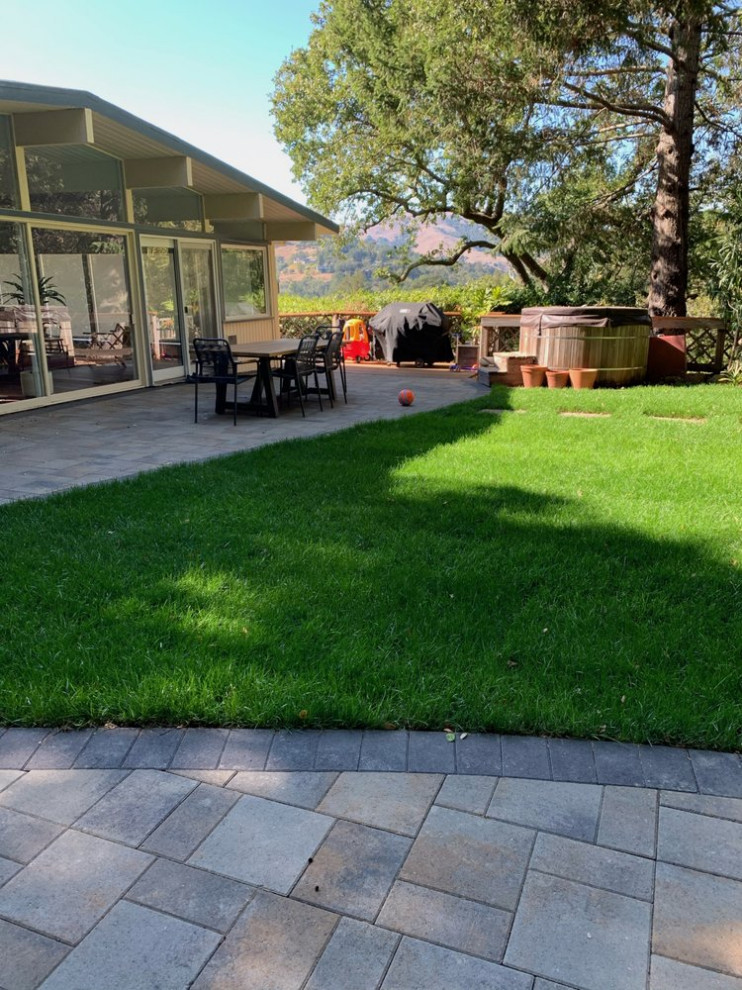 This is an example of a medium sized retro back partial sun garden in San Francisco with lawn edging and natural stone paving.
