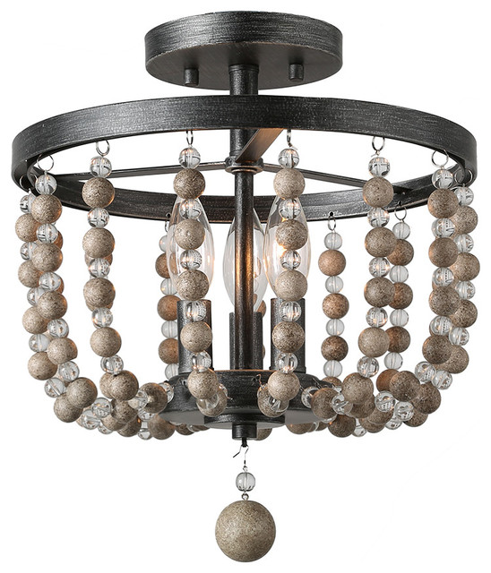 Farmhouse 3 Light Semi Flush Ceiling Lights Distressed Wood Beads