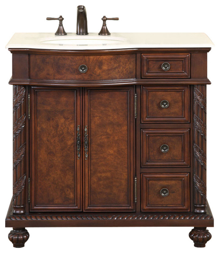 36 Inch Brown Burl Bathroom Vanity with Offset Sink, Marble