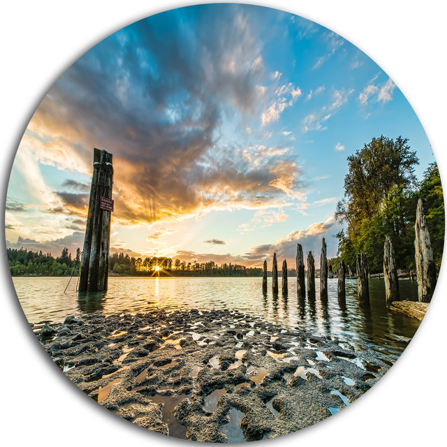 Riverside Sunset With Wood, Seascape Disc Metal Wall Art Beach Style