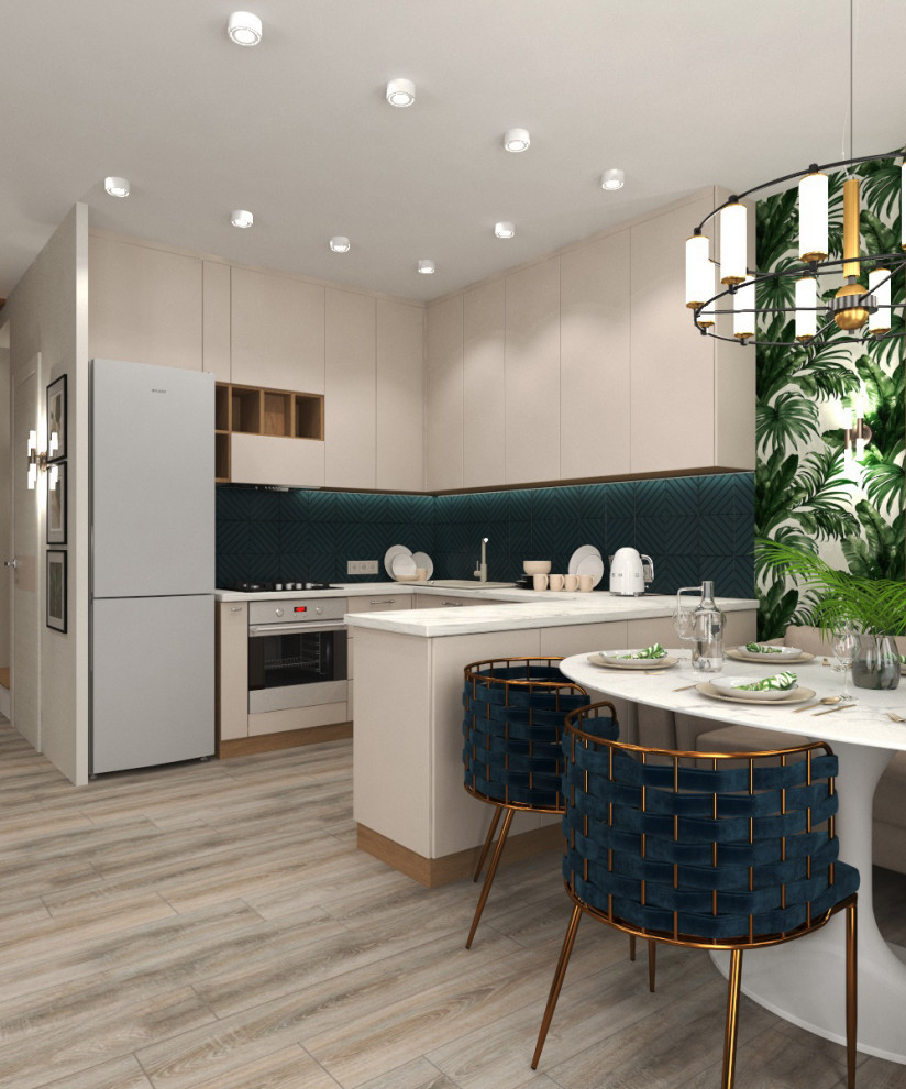 Дизайн кухни-гостиной с тропическими обоями