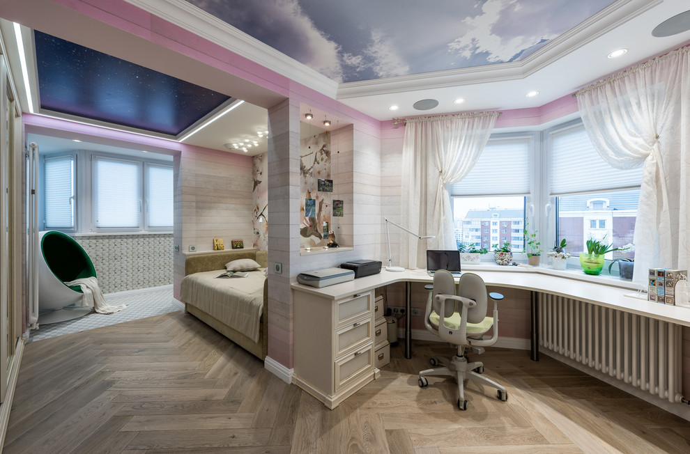 Design ideas for a large eclectic kids' room for girls in Moscow with multi-coloured walls and medium hardwood floors.