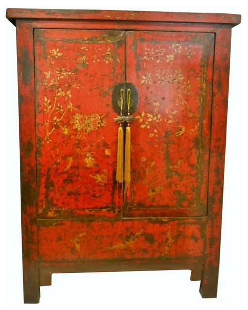Consigned Chinese Antique Red Wedding Chest With Golden Bird and Flowers