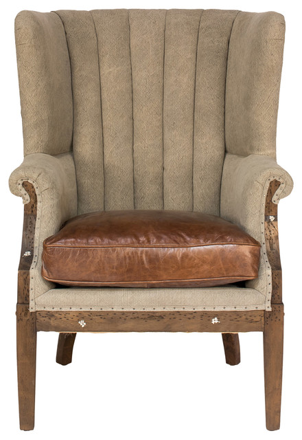 Lucienne French Country Beige Linen Brown Leather Living Room Arm Chair