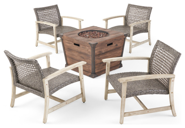Hunter Outdoor 4-Piece Wood and Wicker Club Chair Set With Fire Pit