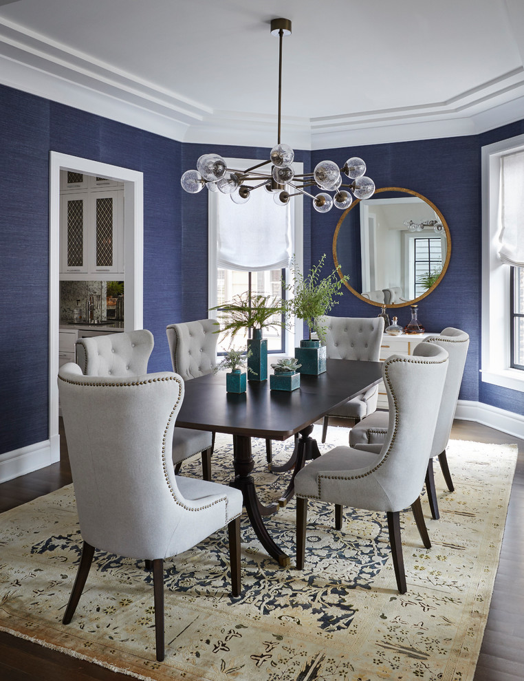 This is an example of a mid-sized transitional separate dining room in Chicago with blue walls, dark hardwood floors and no fireplace.