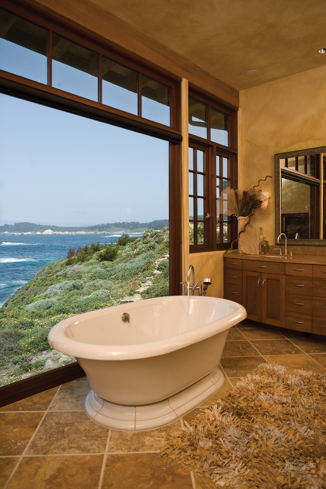 Photo of a beach style bathroom in San Francisco with a freestanding tub.