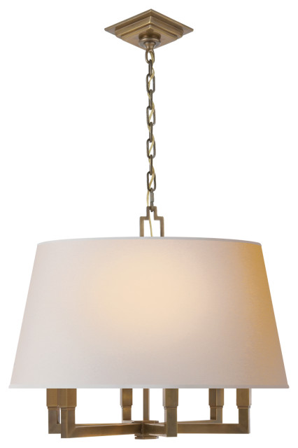 Square Tube Hanging Shade in Hand-Rubbed Antique Brass with Natural Paper Shade