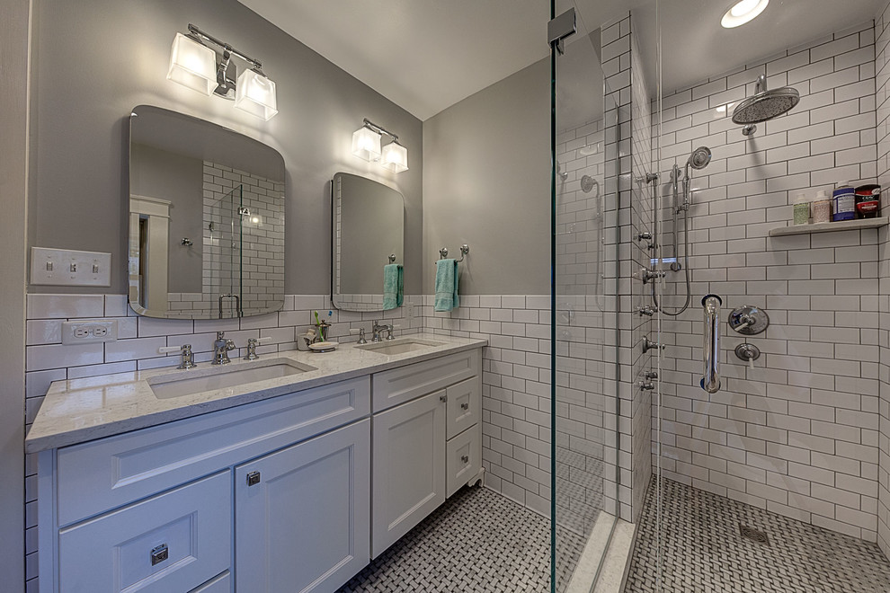 Design ideas for a small traditional master bathroom in Other with recessed-panel cabinets, white cabinets, a two-piece toilet, white tile, ceramic tile, marble floors, an undermount sink, engineered quartz benchtops and multi-coloured floor.