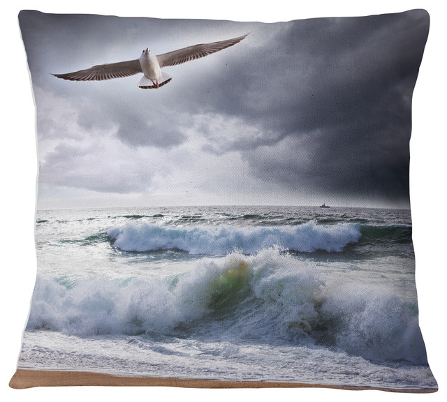 Large Seagull over Stormy Waves Modern Beach Throw Pillow, 16"x16"