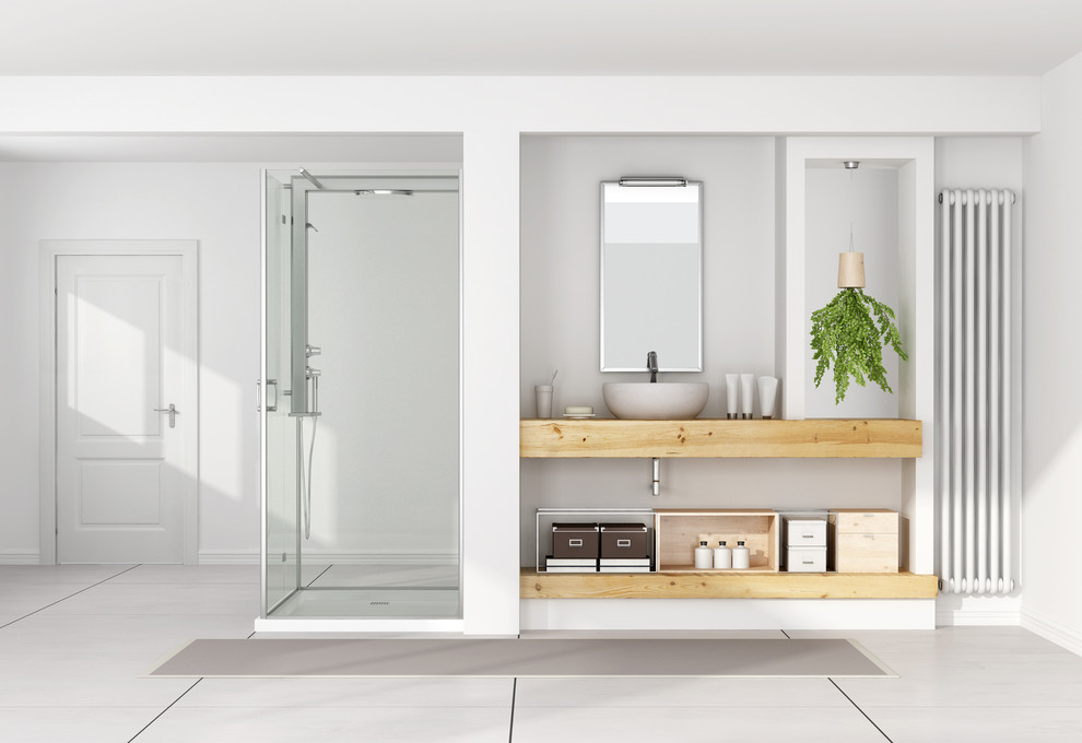 Inspiration for a rustic ceramic tile and white floor alcove shower remodel in Toronto with open cabinets, light wood cabinets, white walls, a vessel sink, wood countertops and a hinged shower door