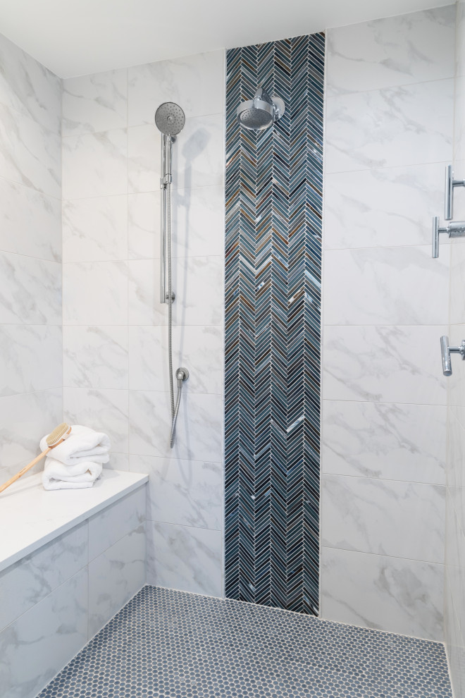 Inspiration for a large contemporary master bathroom in Chicago with a double shower, white tile, porcelain tile, blue walls, ceramic floors, blue floor, a hinged shower door, a shower seat and a freestanding vanity.