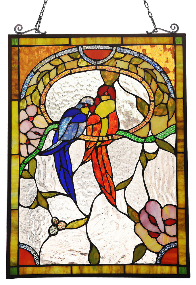 CHLOELighting LOVEBIRDS Animal Tiffanyglass Window Panel 24" Tall