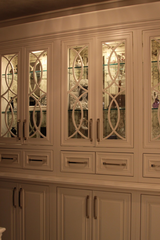 Example of a mid-sized transitional master multicolored tile and stone tile marble floor freestanding bathtub design in Atlanta with a vessel sink, beaded inset cabinets, beige cabinets, marble countertops, a one-piece toilet and gray walls