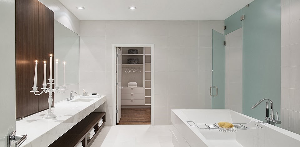Design ideas for a large contemporary master bathroom in Atlanta with an undermount sink, open cabinets, dark wood cabinets, marble benchtops, a freestanding tub, a curbless shower, white tile, ceramic tile, white walls and ceramic floors.
