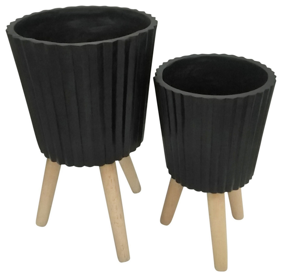 Planter With Ridged Design and Wooden Legs, 2-Piece Set, Black and Brown
