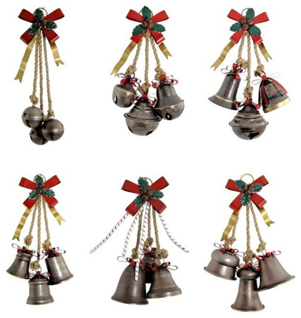 Set of 6 Old World Galvanized Christmas Bells With Bows - Holiday ...