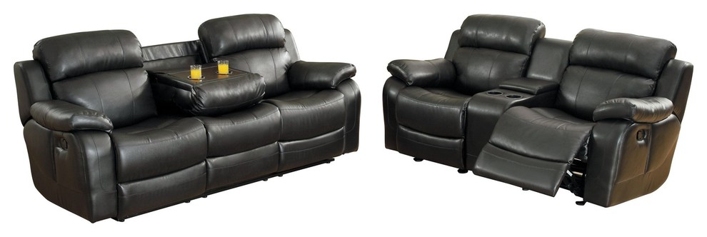 2-Piece Manque Set Double Reclining Sofa and Love Seat w Console Black Leather