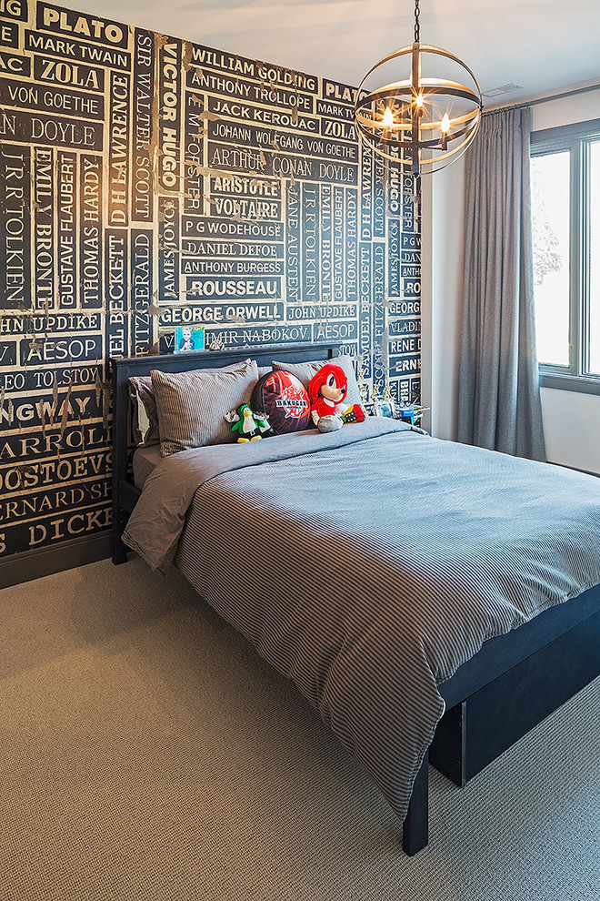 This is an example of a contemporary kids' room for boys in Toronto with white walls.