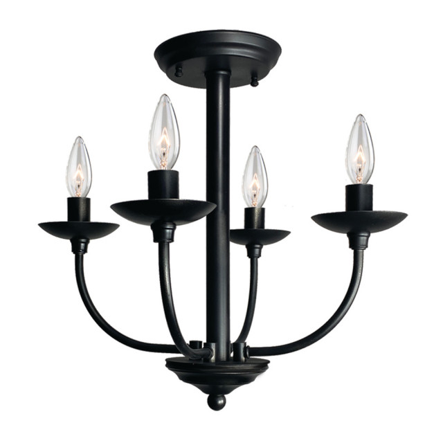 Wrought Iron SemiFlush Mount, 4Light, Black, 16.5"W Transitional