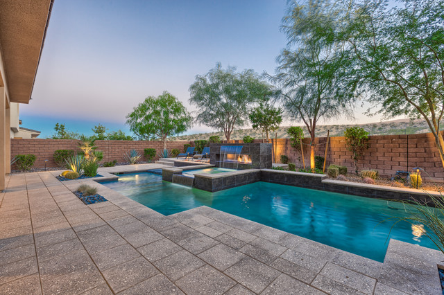 Geometric Pool with Fireplace/Water Feature, Swim Up Bar and sunken BBQ ...