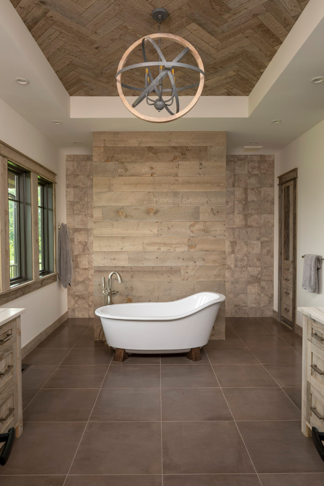 Inspiration for a large rustic master gray tile and ceramic tile ceramic tile, gray floor and wood ceiling bathroom remodel in Minneapolis with recessed-panel cabinets, gray cabinets, gray walls, an undermount sink, marble countertops, multicolored countertops and a built-in vanity