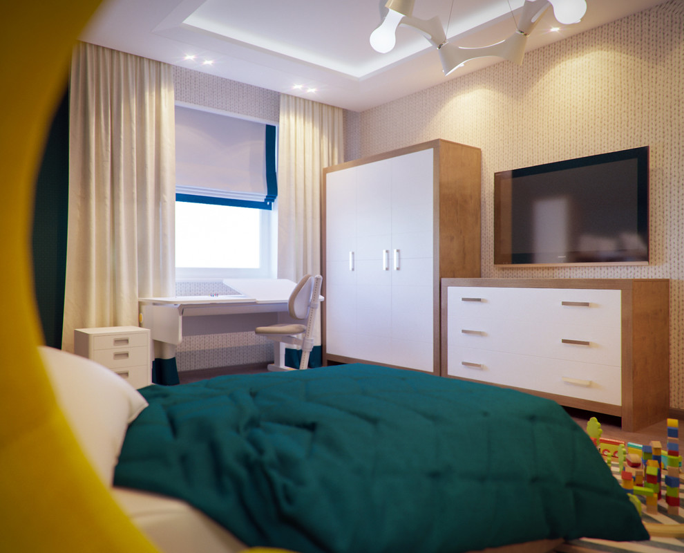 Großes Stilmix Jungszimmer mit Schlafplatz, grüner Wandfarbe und braunem Holzboden in Frankfurt am Main