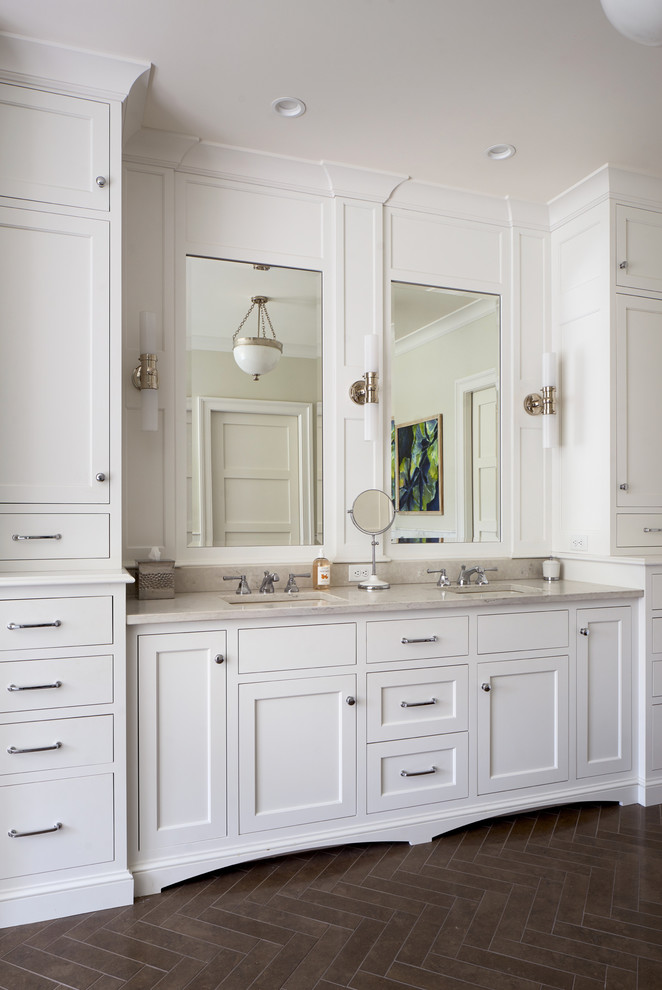 Design ideas for a mid-sized traditional master bathroom in Kansas City with beaded inset cabinets, white cabinets, white walls, limestone floors, an undermount sink, quartzite benchtops, grey floor and grey benchtops.
