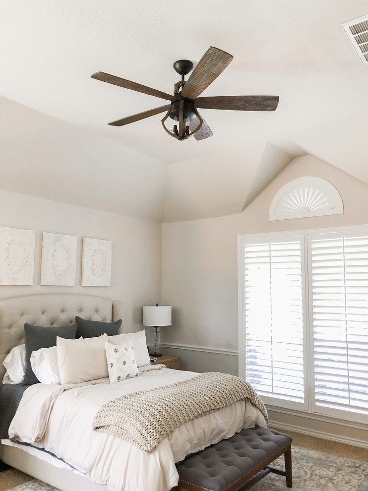 Mid-sized transitional master bedroom in Dallas with grey walls, carpet and beige floor.