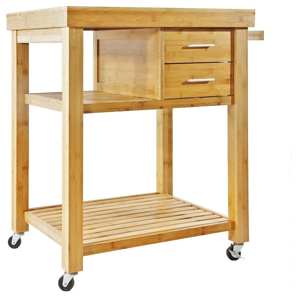 Traditional Rolling Bamboo Kitchen Island Cart With 2Drawer and 3 Open