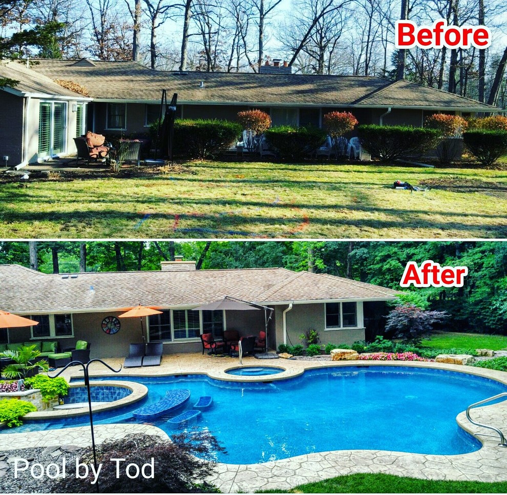 Before and after.  A pool and spa with a sunken fire pit.