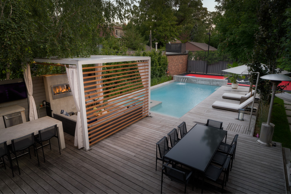 Photo of a mid-sized industrial backyard rectangular pool in Toronto with with a pool and decking.