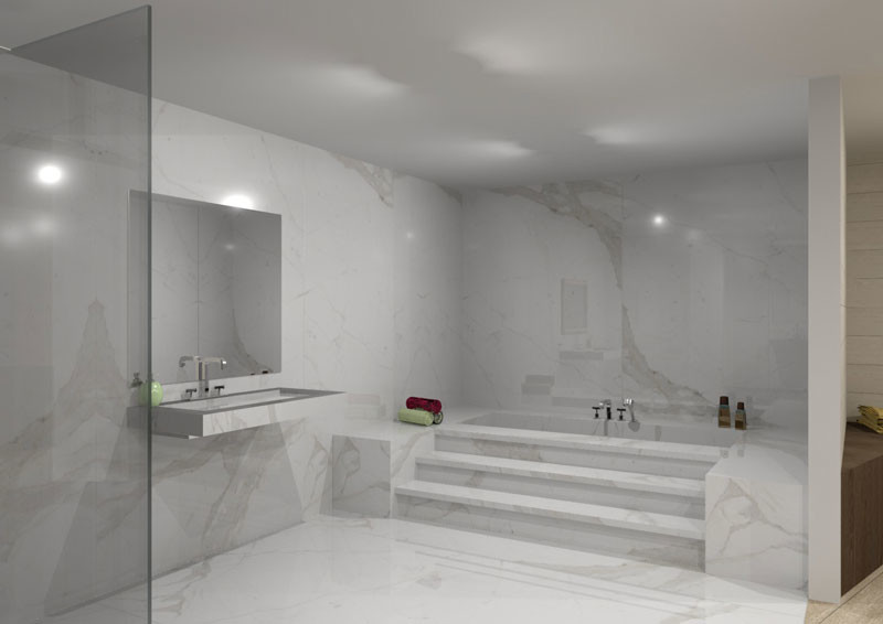 This is an example of a large modern master bathroom in Tampa with a corner tub, a corner shower, white tile, white walls, marble floors, a wall-mount sink, white floor and an open shower.