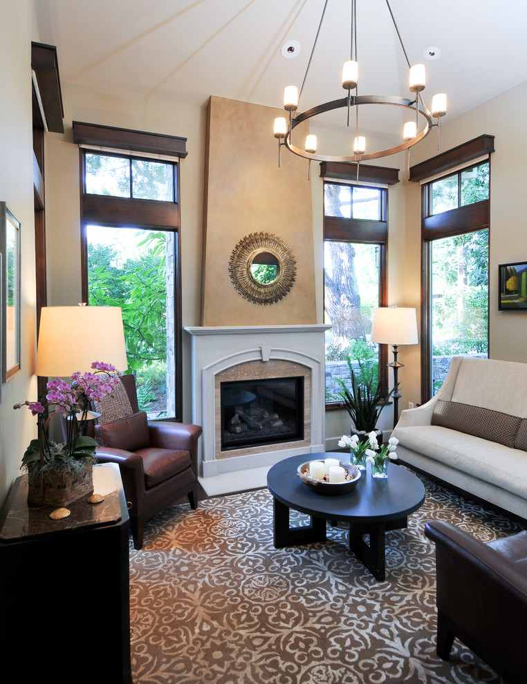 Transitional living room in San Francisco with beige walls and a standard fireplace.