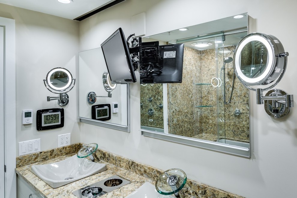 Alcove bathtub - mid-sized modern kids' multicolored tile and stone slab ceramic tile alcove bathtub idea in Vancouver with flat-panel cabinets, white cabinets, a one-piece toilet, white walls, an integrated sink and quartz countertops